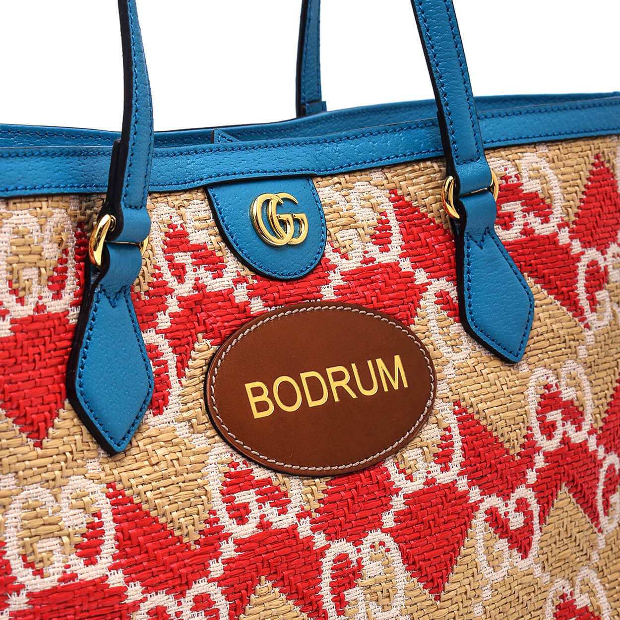 Gucci -Blue Jumbo GG ‘Bodrum’ Straw Effect Medium Tote Bag